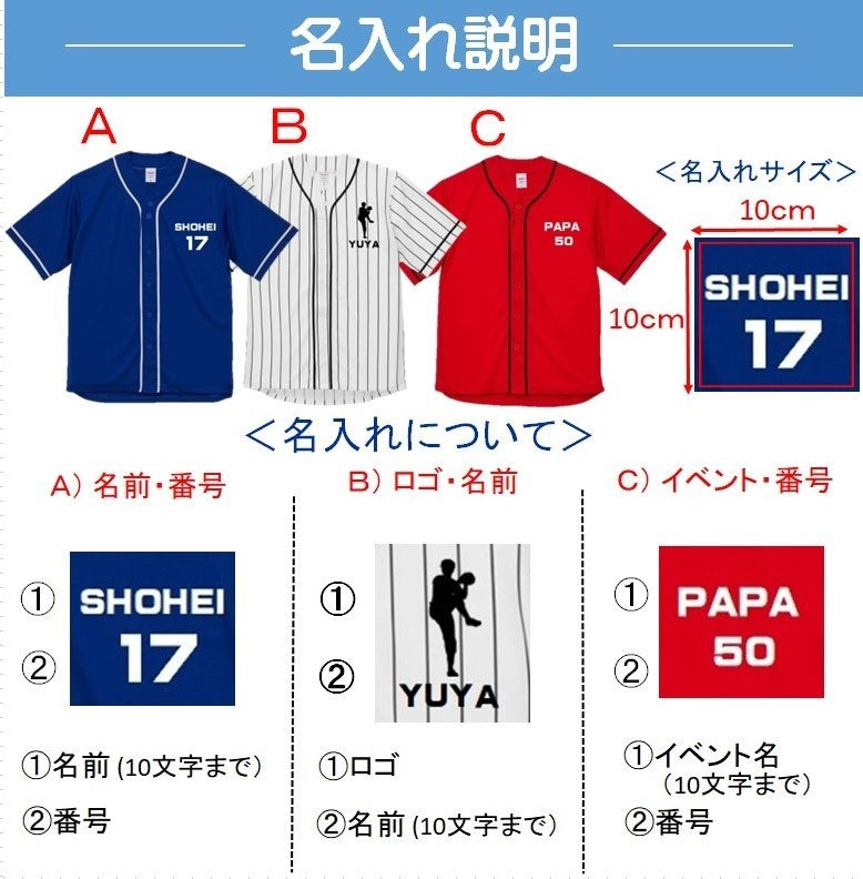 お名入 ベースボールシャツ 1枚からすべてコミコミ価格です(デザイン代・印刷代・送料コミコミ価格)