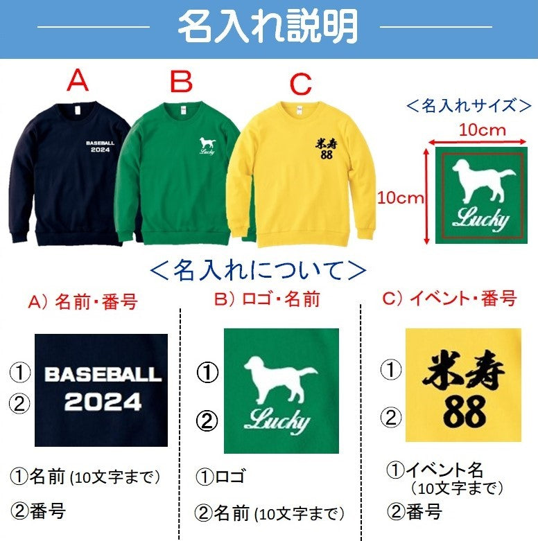 お名入　トレーナー　1枚からすべてコミコミ価格です（デザイン代・印刷代・送料無料）　